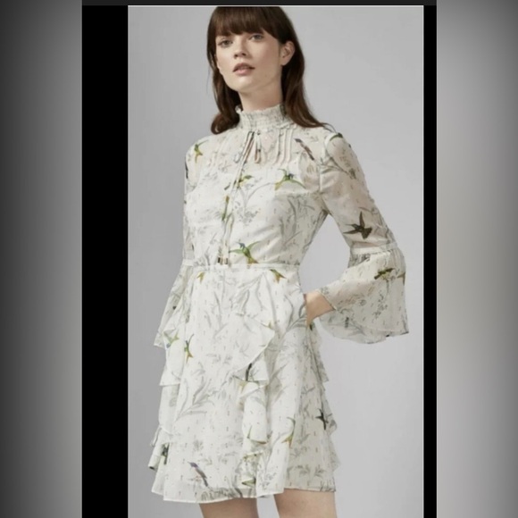 Dresses & Skirts - Ted Baker Andray Hummingbird Ruffle Dress Ivory Metallic Bell Sleeve Size 2